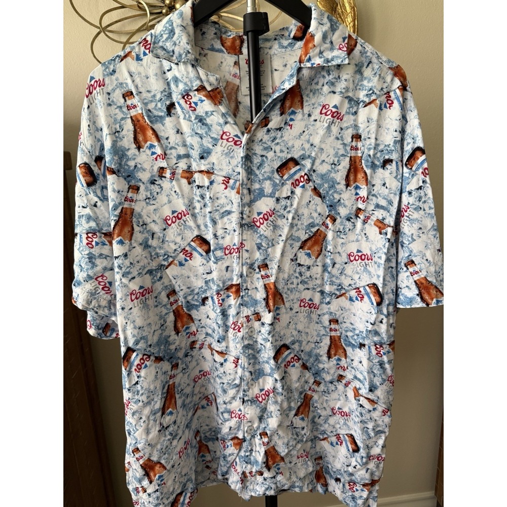 Coors Light Beer‎ Bottle Ice Print Button Up Shirt Mens Medium Rayon Hawaiian